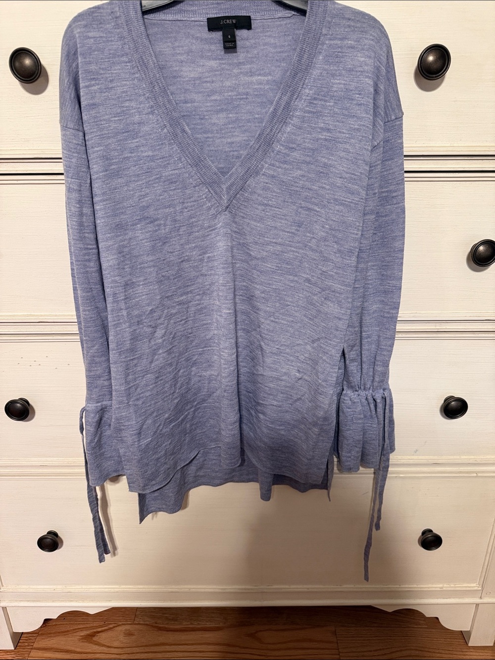 J. Crew Heathered Periwinkle Wool V-Neck Tie-Sleeve Sweater